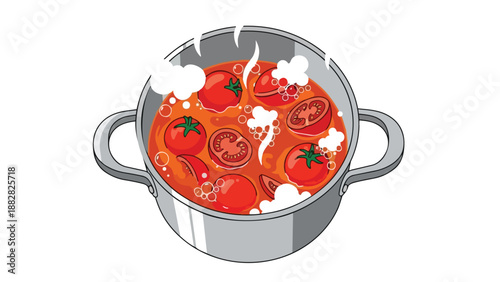 Vibrant culinary illustration showcasing fresh red tomatoes simmering gently in a stainless steel pot, creating a flavorful, steaming sauce or soup