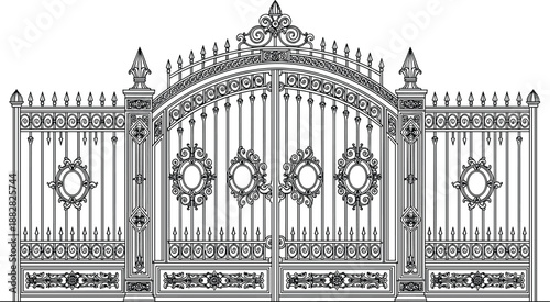 Vintage wrought iron gate vector illustration, luxury architectural entrance sketch with decorative floral patterns, black and white metal fence design for estate.
