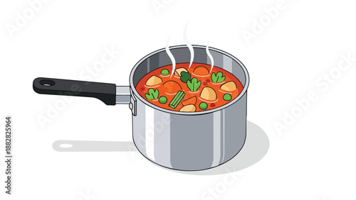 Wholesome animated vegetable stew bubbling warmly in a sleek silver saucepan emitting inviting plumes of steam a vibrant culinary illustration of