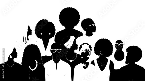 Black silhouette illustration of a diverse group of people, symbolizing community, diversity, unity, inclusion, and teamwork.