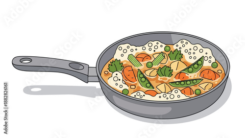 Vibrant illustration of a wholesome vegetable stew bubbling in a non-stick pan, ready for a nourishing meal.