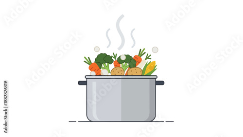 Vibrant assorted fresh vegetables steaming gently in a modern minimalist cooking pot creating a delightful and nutritious culinary scene for healthy