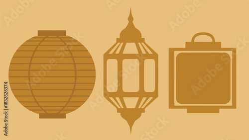 Diverse decorative lanterns collection: classic Chinese round, ornate Moroccan, and modern square silhouettes. Cultural lighting elements on a neutral background.
