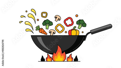 An engaging culinary illustration of fresh vibrant vegetables expertly tossed in a hot wok over a dynamic flame creating a delicious healthy stir