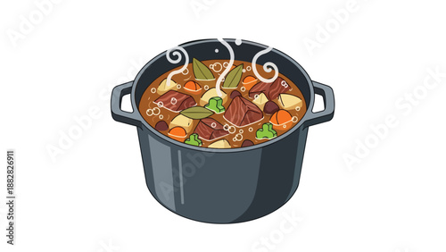 A comforting illustration of a steaming stew with meat and colorful vegetables