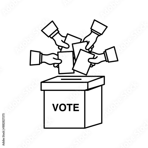 Many hands voting together ballot box icon on white background