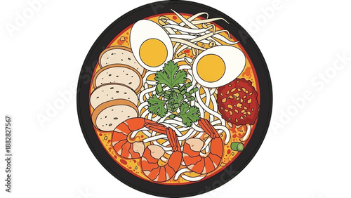 Delicious Illustration of a Garnished Asian-Inspired Bowl Featuring Shrimp and Eggs