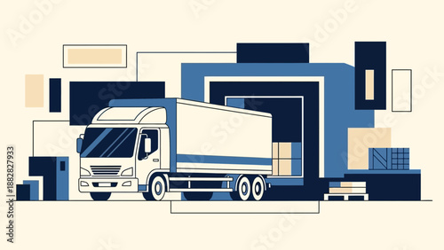 Delivery Truck Illustration Transporting Goods Amidst Geometric Modern Artistic Elements