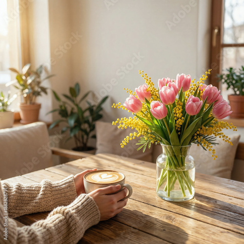 Cozy Morning Coffee Moments with Spring Floral Bouquets in a Sunlit Interior