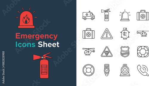 Black outline icon sheet of emergency services and response symbols