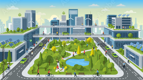 Vibrant green city illustration, vector art depicting sustainable urban living and eco-friendly lifestyle