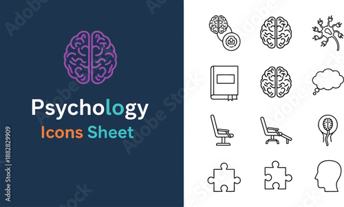 Black outline icon sheet of psychology and mental health concepts