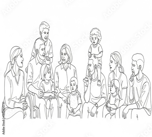 A sketch depicting a large family group including adults and children sitting together