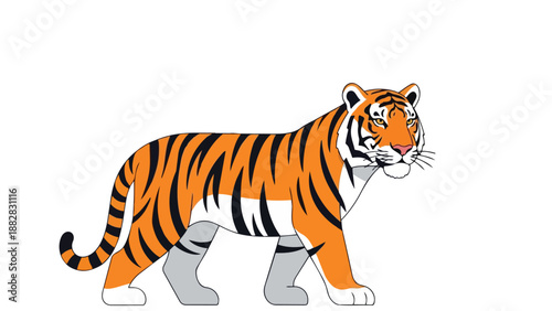 A graphic illustration of an elegant tiger with bold orange and black stripes. This digital artwork presents the powerful big cat in a stylized,