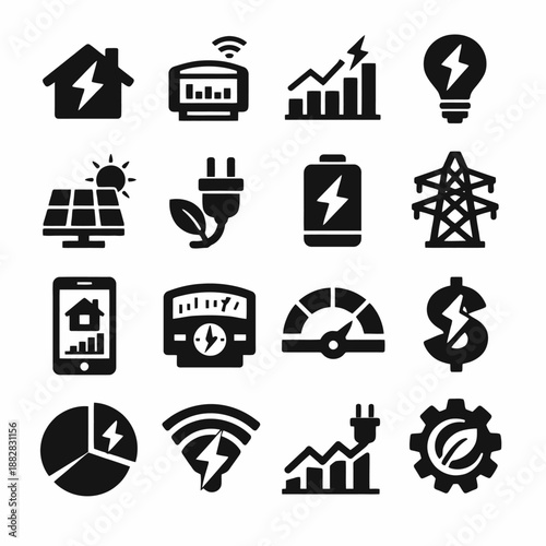 Set of energy icons including solar, battery, and smart meter designs
