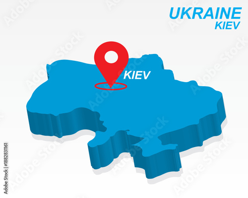 Ukraine Map Vector, Kiev Capital City Marker on Blue 3D Country Shape, Ukraine Infographic Design, Editable Destination Pointer Ukraine Geography