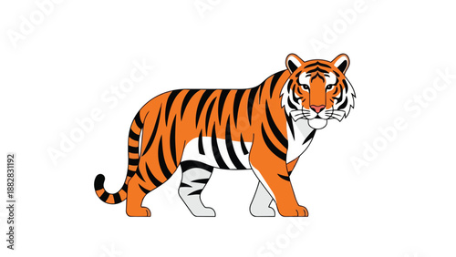 A striking animated tiger illustration featuring bold orange and black stripes with distinct white markings on a pristine background presenting a