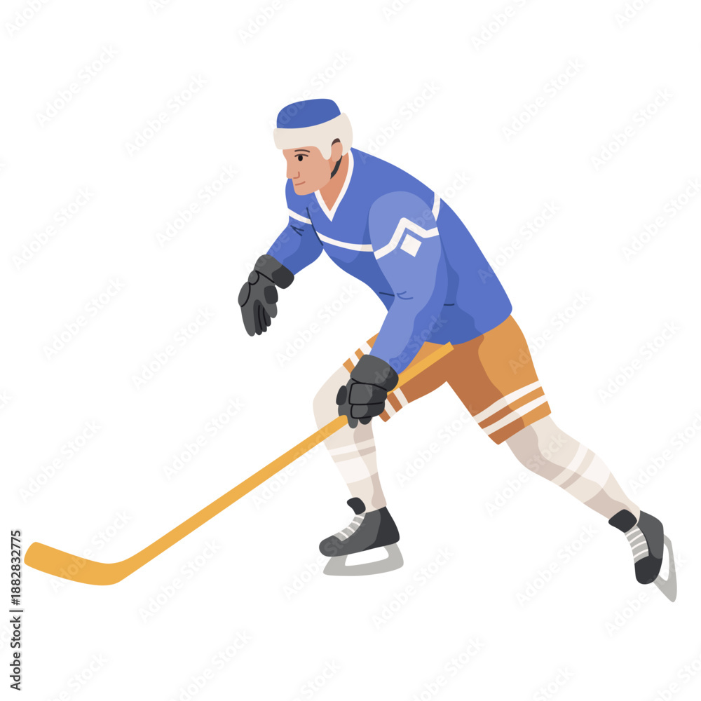 Fototapeta premium Ice hockey player. Athletes in uniform, dynamic pose, team sports on ice, winter game, forward, cartoon flat style isolated vector