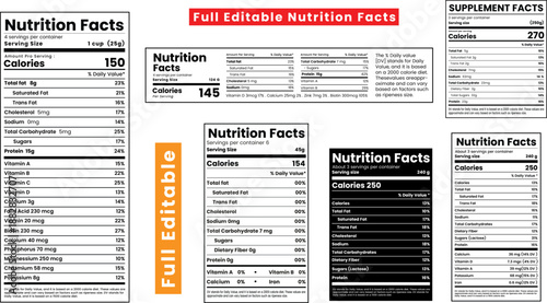 nutrition facts label, supplement facts, vitamin facts, nutrition fact vector Set, ,nutrition list,vitamin information label design fats including editable templates.