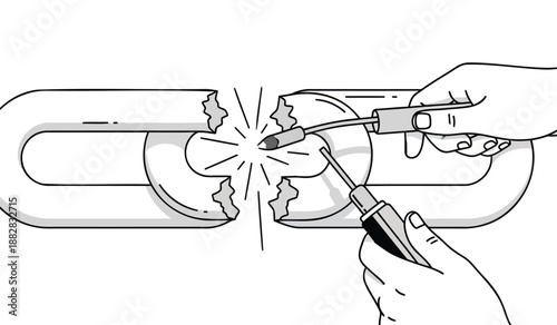 Hands using tools to repair or break a large padlock with sparks flying