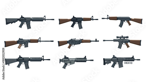 Collection of realistic painted rifle designs with various features and attachments