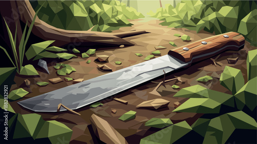 Polygonal jungle path with machete in forest landscape adventure art