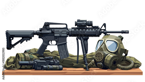 Military equipment on display: gas mask, tactical gear, and rifle set