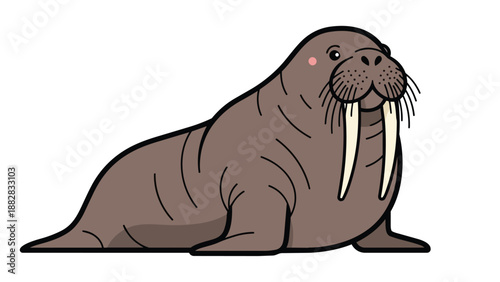 Friendly walrus cartoon with large tusks and endearing whiskers on a stark white background