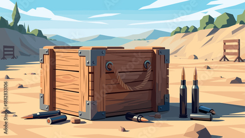 Wooden crate with bullets in desert landscape