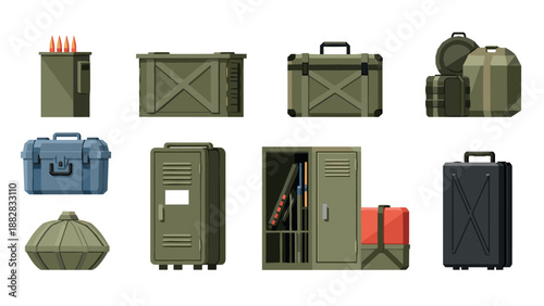 Military equipment set with weapons, storage boxes, and ammunition in flat design