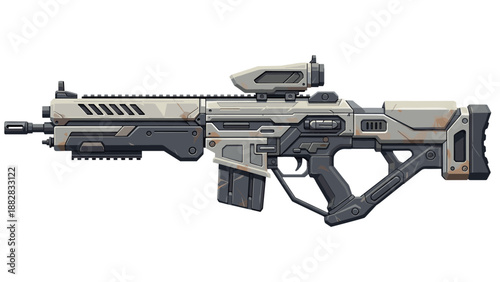 Futuristic tactical rifle with high-tech armor and advanced scope in side view