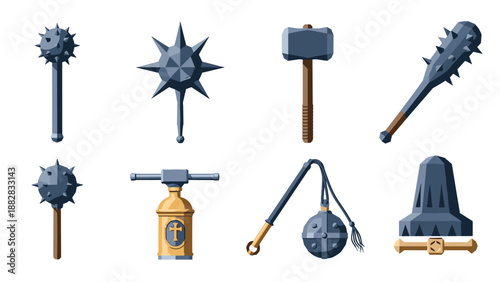 Medieval weapons collection: maces, hammers, and clubs in flat design