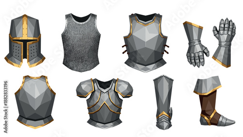 Medieval low poly armor set with chainmail helmet gauntlets and greaves