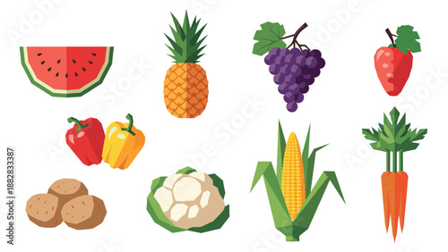 Geometric fruit and vegetables icon set with carrots, grapes, and more