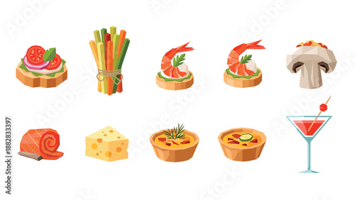 Geometric food design: sushi, quiche, shrimp, cheese, and more in low poly style