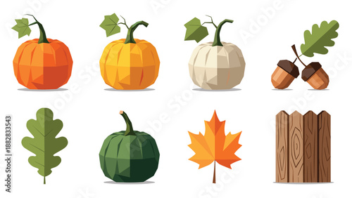 Geometric autumn elements: pumpkins, acorns, leaves, and fence in low poly art style