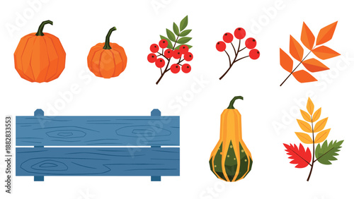 Autumn harvest elements with geometric pumpkins, gourds, and foliage design