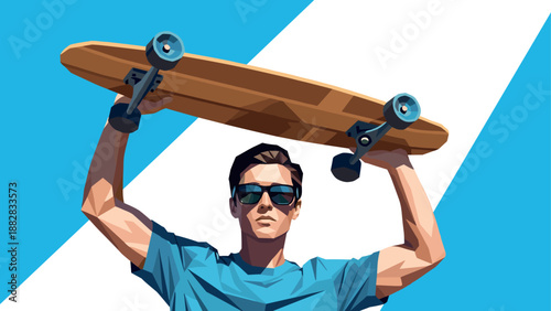 Stylish skater holding longboard against geometric sky background