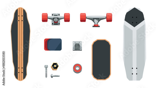 Longboard parts isometric view with components on white background