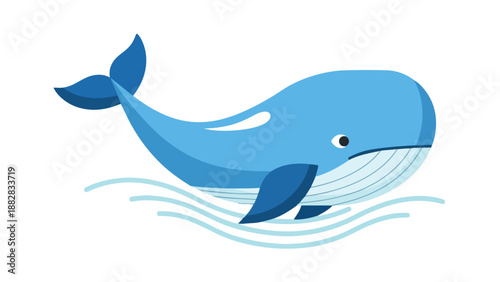 Charming aquatic blue whale illustration gracefully navigating calm, stylized ocean waves