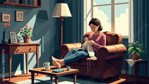 Cozy afternoon: woman sewing in sunlit room with vintage decor