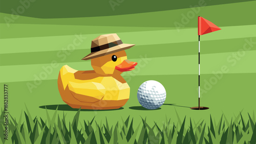 Low poly rubber duck with golf hat near golf ball on course