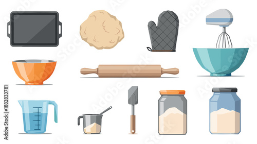 Baking essentials collection with kitchen tools and ingredients in flat style