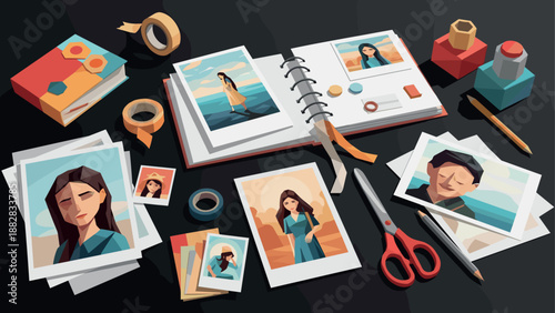 Creative scrapbooking with portraits and craft tools on black background