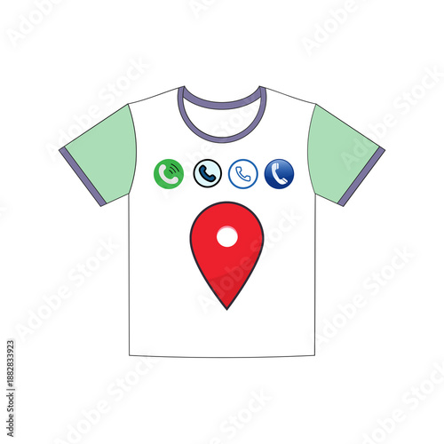 T-shirt design with various phone call icons and large red location pin symbol in center representing communication and navigation themes on white apparel template