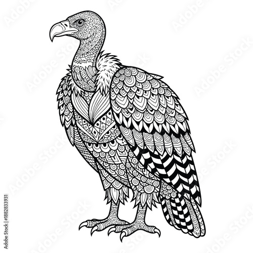 a detailed black and white drawing depicts a vulture with intricate patterns across its feathers and body