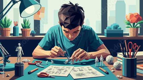 Creative hobby: young artist working on miniature models in a modern workspace