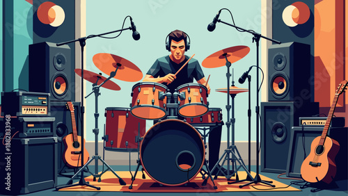 Modern musician playing drums surrounded by musical instruments and speakers