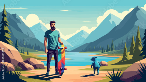 Man with skateboard and dog in vibrant mountain landscape