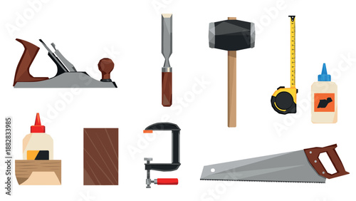 Collection of woodworking tools with flat design featuring hand saw, hammer, and tape measure